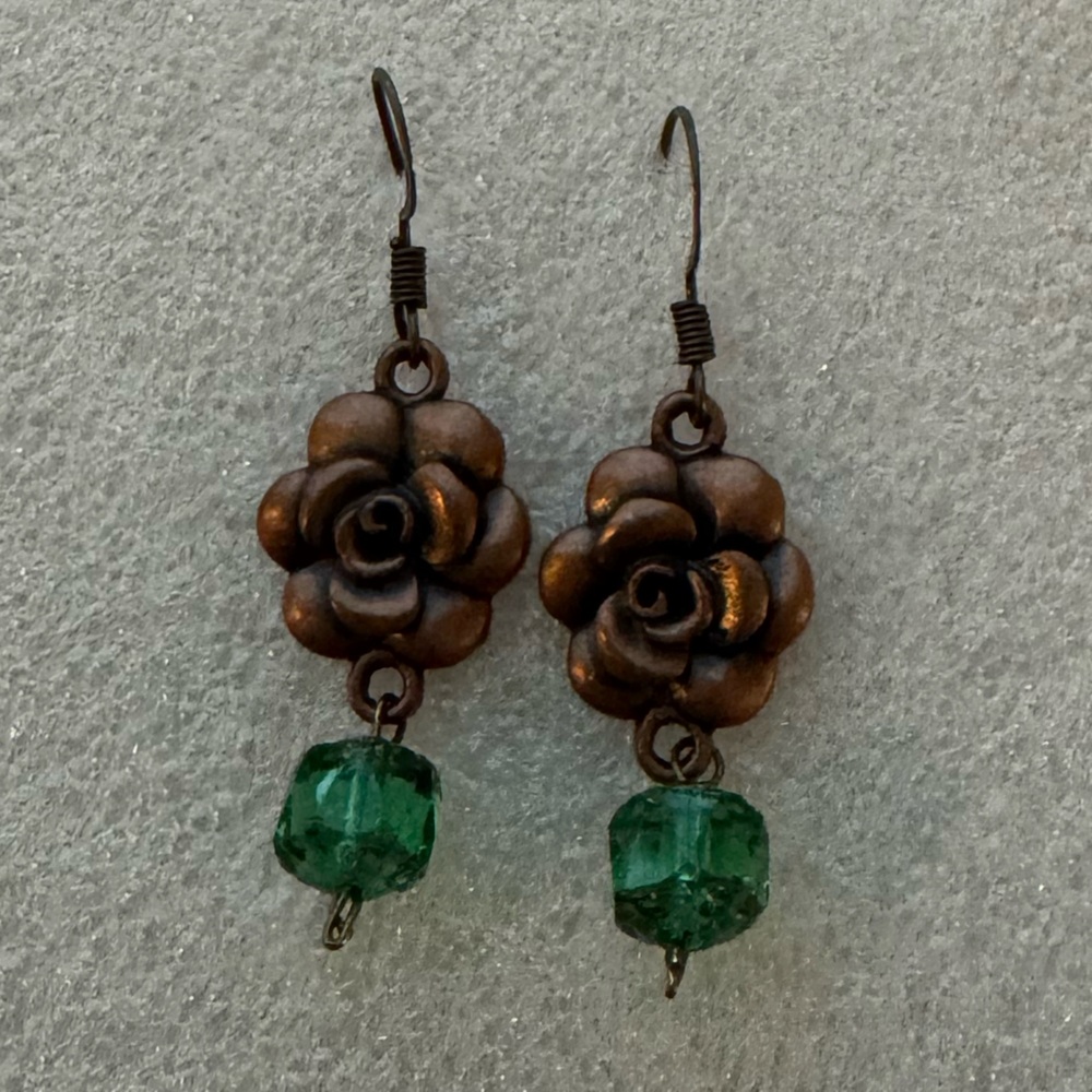 Copper Rosette Drop Earrings with Faceted Green Czech Glass Dangle